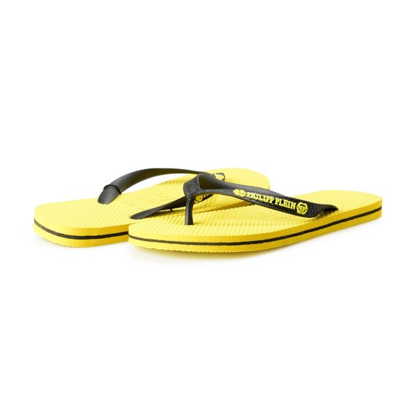 Philipp Plein Men\'s Yellow/Black Rubber Logo Print Flip Flops Shoes main image 5